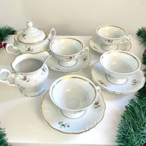 60s Walbrzych Poland Tea Cup & Saucer Set, Floral & Gold Rim